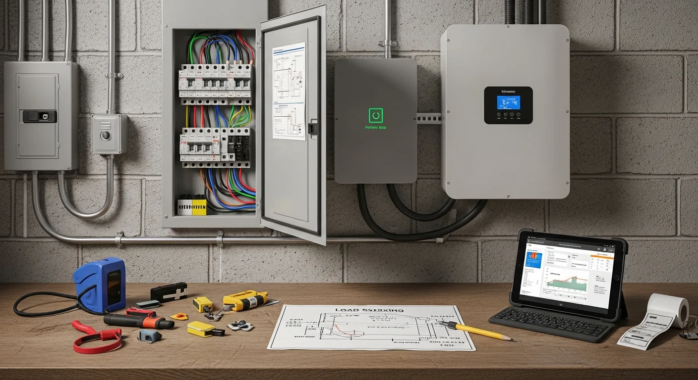 An Evolve Energy of Tampa Bay technician reviewing an energy usage report with a Hillsborough County homeowner during a battery backup system consultation. A residential electrical panel is visible in the background.