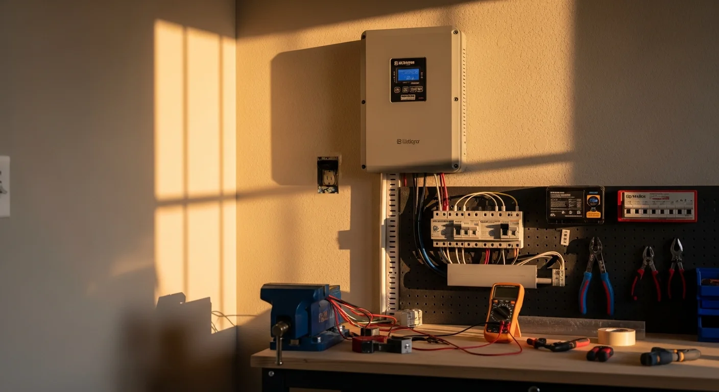 A wall-mounted battery backup system installed in a Hillsborough County home garage, connected to the main electrical panel. The unit is neatly wired and ready to supply backup power during Florida storm outages.