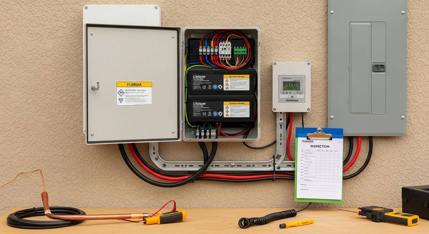 A wall-mounted home battery storage system installed in a Hillsborough County garage, connected to an electrical panel with clean conduit runs. The setup shows a residential battery upgrade completed by Evolve Energy of Tampa Bay.