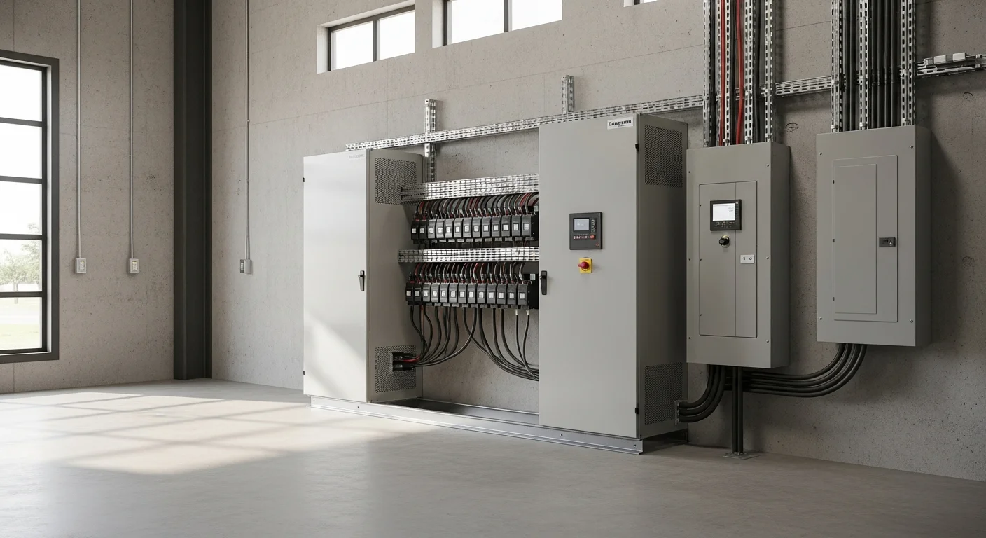 A commercial battery backup system installed in a Hillsborough County business facility, showing wall-mounted energy storage units connected to the building's main electrical panel. The installation is set inside a clean utility room typical of a Tampa Bay area commercial property.