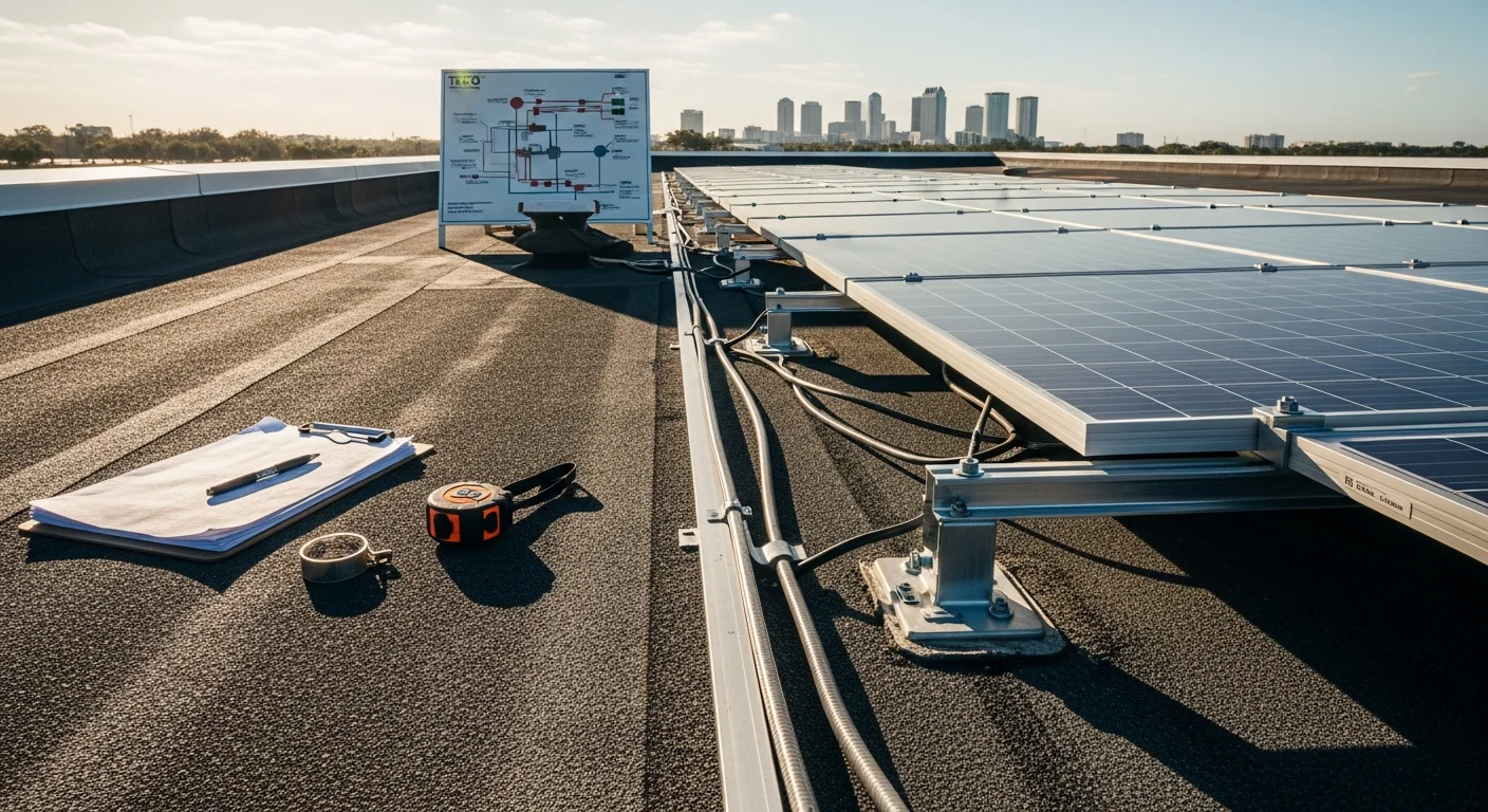 Commercial solar panels installed on a flat warehouse rooftop in Hillsborough County, Florida, with rows of photovoltaic modules mounted on wind-rated racking under clear blue skies. The system is grid-tied and sized for full commercial energy offset in the Tampa Bay area.