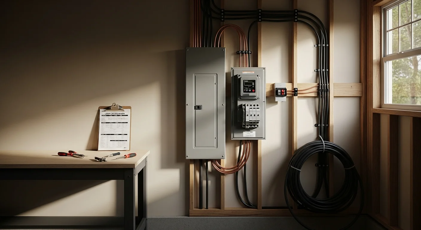 A licensed electrician from Evolve Energy of Tampa Bay connects a transfer switch to a residential electrical panel during an emergency power system installation at a Hillsborough County home. The exterior unit is mounted on a concrete pad beside the house with proper code-required clearances.