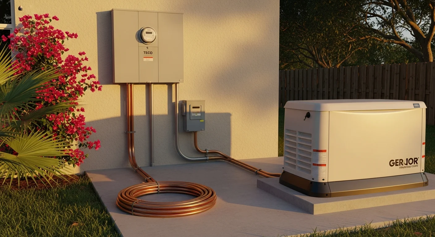 A licensed electrician from Evolve Energy of Tampa Bay connects a standby generator transfer switch on the exterior of a single-family home in Hillsborough County, Florida. The generator unit is mounted on a concrete pad beside the home with visible conduit running to the electrical panel.