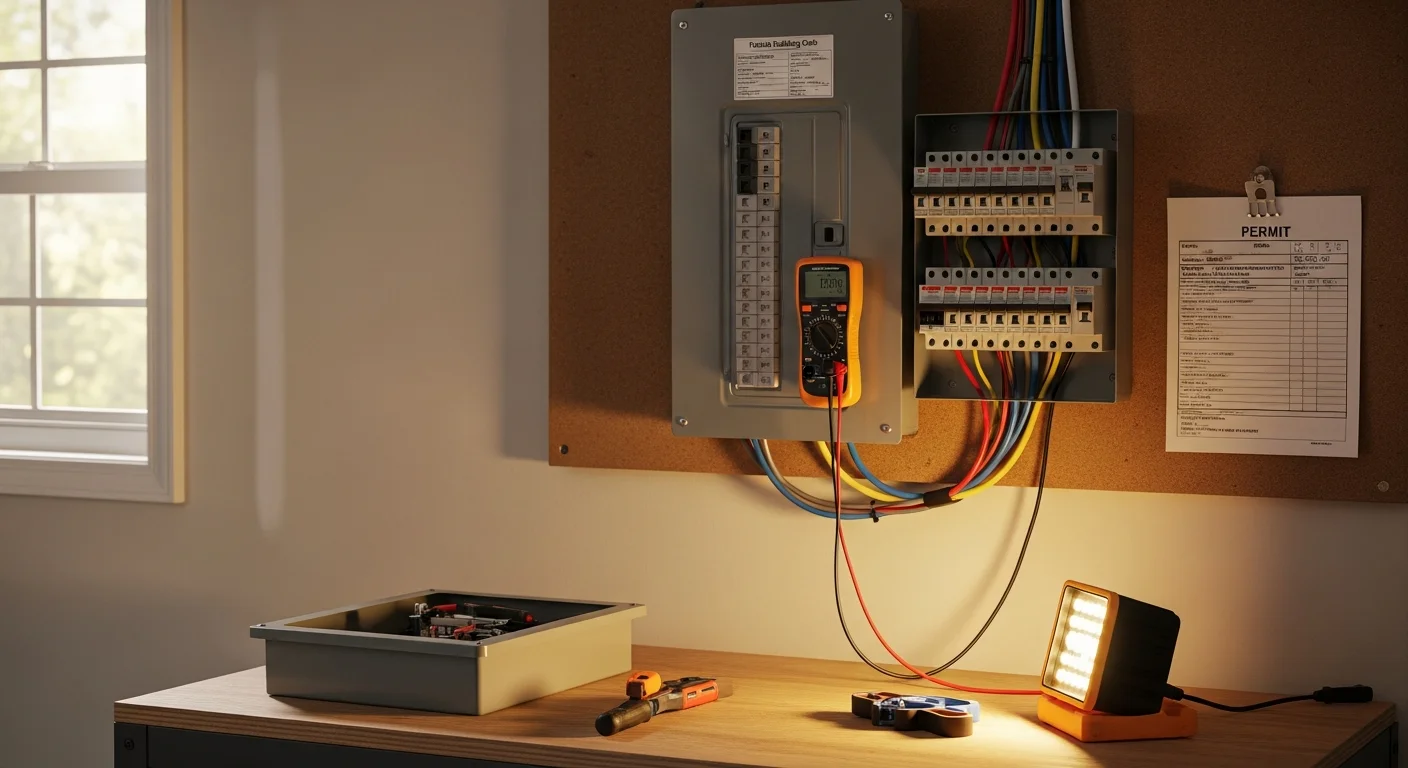 A licensed electrician from Evolve Energy of Tampa Bay installing a new 200-amp main electrical panel in a Hillsborough County home. The new panel box is mounted on an interior wall with clearly labeled circuit breakers and organized wiring.