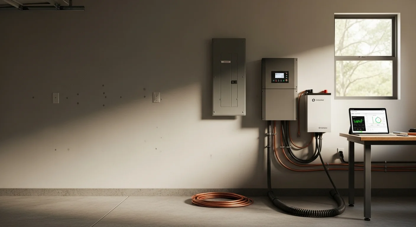 A residential battery storage unit mounted on the interior wall of a garage in a Hillsborough County home, connected to the electrical panel with clean conduit runs. The system is installed and ready to provide backup power during Florida storm season outages.