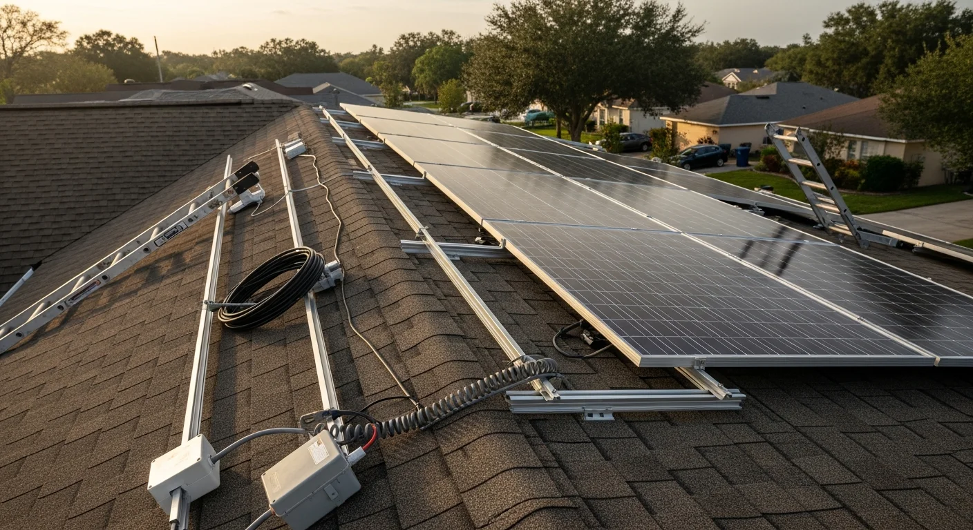Rooftop solar panels installed on a single-family home in Hillsborough County, Florida, with a clear blue sky overhead. The panels are mounted flush to the roof line in a grid pattern on a residential street in the Tampa Bay area.