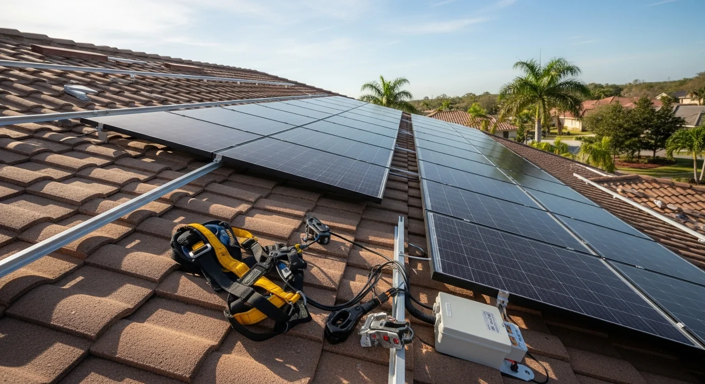 Rooftop solar panels installed on a single-family home in Hillsborough County, Florida, with panels mounted flush to the roof slope under clear blue skies. The system shows clean, uniform panel rows connected to a visible conduit run along the roofline.