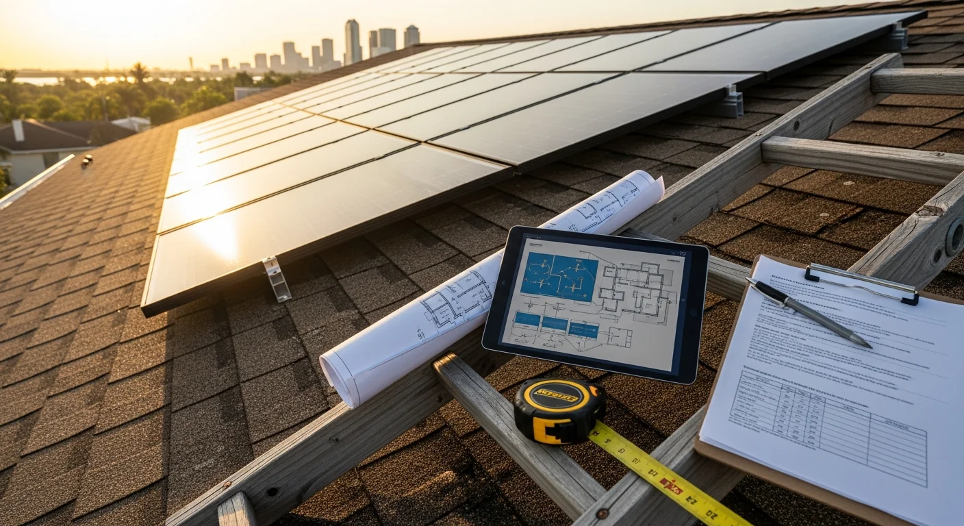 A Evolve Energy of Tampa Bay solar consultant reviewing a roof layout diagram with a Hillsborough County homeowner at a table. A printed site plan showing panel placement on a Florida residential roof is visible in the foreground.