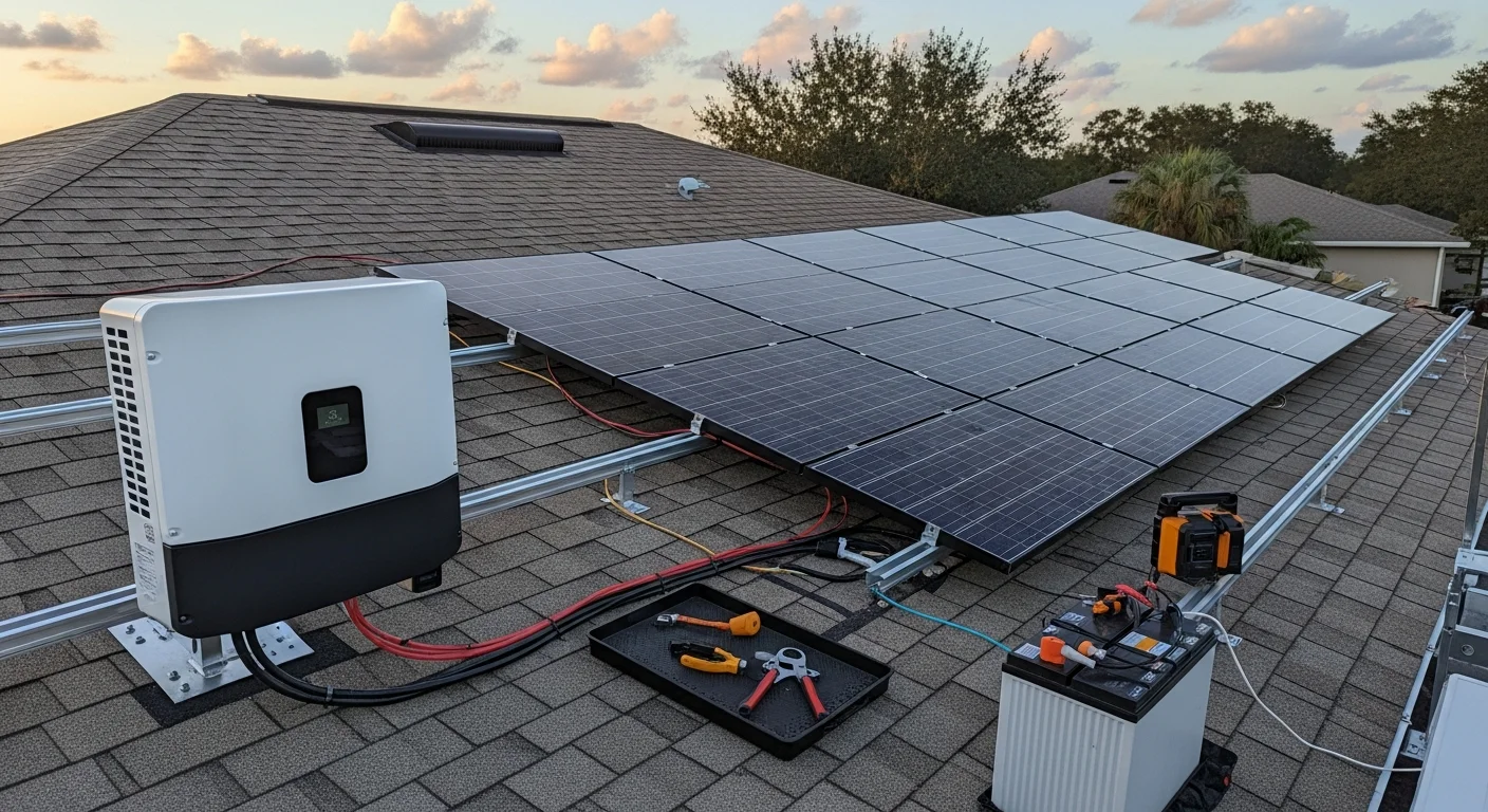 A residential rooftop in Hillsborough County, Florida, with an expanded solar panel array installed across a sun-facing roof pitch. A wall-mounted battery storage unit is visible on the exterior of the home, indicating a full solar system upgrade.